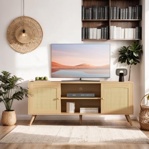 DIYART Oak TV Stand for 60 Inch TV, Wooden Mid Century Modern Entertainment Center with Natural Rattan Door, Boho Media TV Console for Living Room DIYART