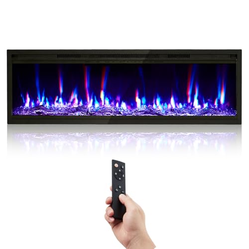 GarveeHome 50 in Electric Fireplace Wall Mounted/Recessed with Remote Control, 4.2 in Ultra-Thin Linear Fireplace Heater 750W/1500W with Timer, 12-Color Flames, Log & Crystal Options GarveeHome