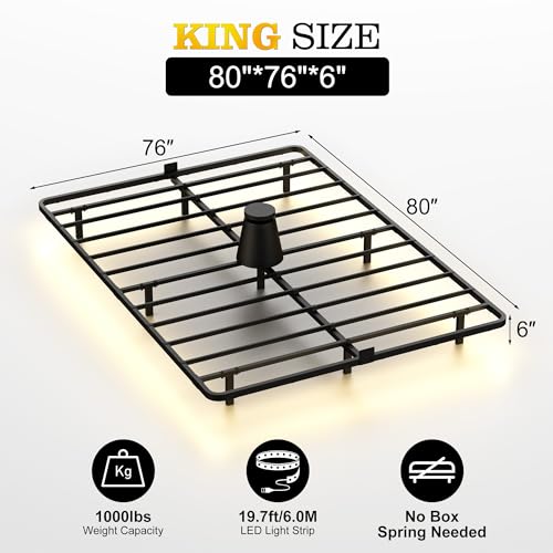 Samhapyrom King Floating Bed Frame with LED Lights, Heavy Duty Metal Platform Bed with Anti-Slip Mattress Holder, Easy Assembly, No Box Spring Needed, Noise Free for Bedroom Samhapyrom