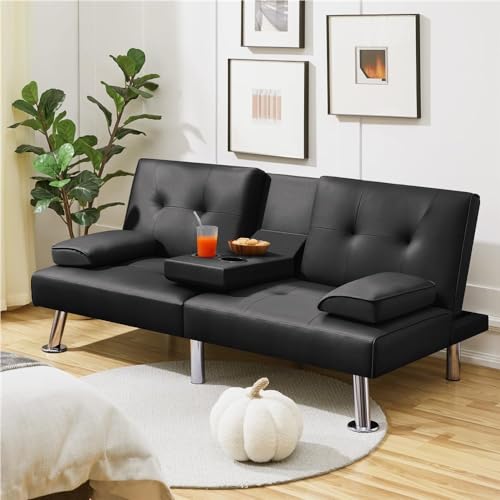 Convertible Folding Futon Sofa Bed Sleeper Couch for Living Room, Modern Faux Leather Upholstered Loveseat w/Removable Armrests, Metal Legs, 2 CupHolders, Love Seat Sofa Bed for Small Spaces (Black) anwickjeff
