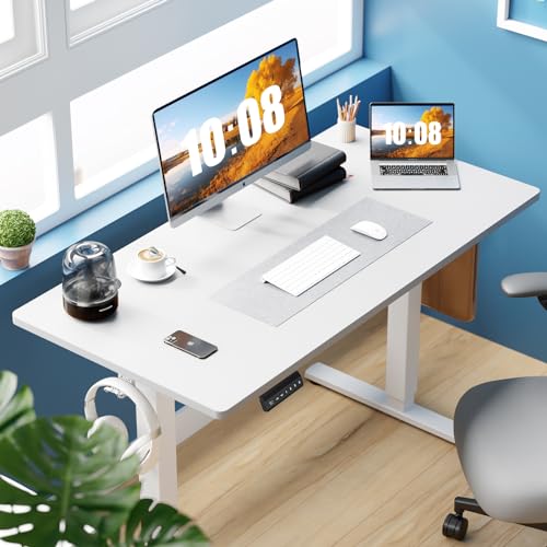 Sweetcrispy Electric Standing Desk Adjustable Height, 55x24 Inch Sit Stand Up Home Office Desks Computer Workstation PC Work Table with 3 Memory Preset Splice Wood Board Metal Frame, White Sweetcrispy