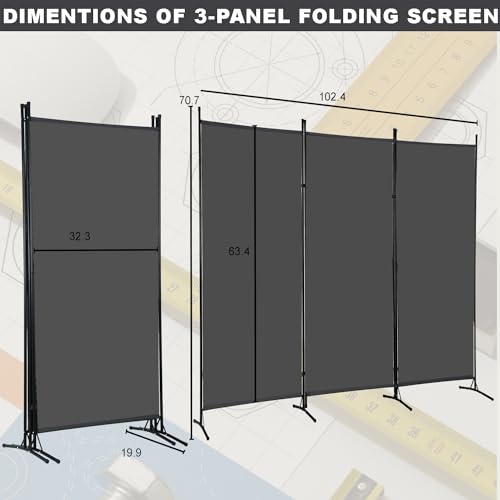 PayLessHere 3-Panel Folding Privacy Screen, 6 Ft Portable Room Divider for Separating Spaces,102" W x 70" H Freestanding Partition Room Panel,Grey PayLessHere