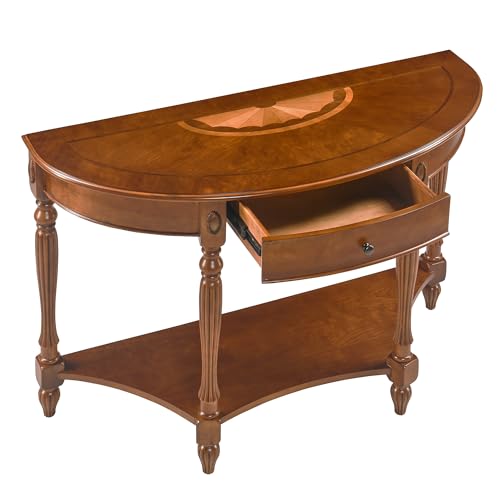 JESONVID Solid Wood Semi-Circle Console Table with Drawer and Shelf, 45.3" Traditional Vintage Entryway Table Polished Edging Half-Moon Narrow Table for Living Room Hallway, Beewax JESONVID