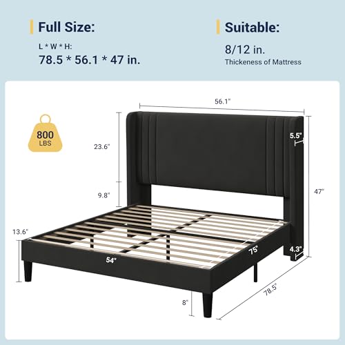Allewie Full Size Velvet Platform Bed Frame with Vertical Tufted Wingback Headboard, Easy Assembly, Under Bed Storage, No Box Spring Required, Modern Style, Black Allewie