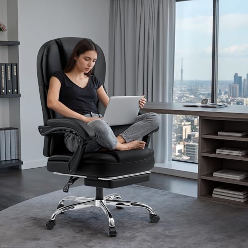 Shahoo Executive Office Chair with Massage, Ergonomic Reclining High Back Leather Seats with Footrest and Lumbar Support, Big and Tall, 400Lbs Heavy Duty, Black Shahoo
