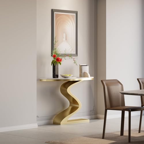 homary 39.4" White & Gold Half Circle Entry Table, Half Moon Wall Table with Uniquely Designed Curved Legs for Entryway/Hallway/Living Room/Foyer, Sintered Stone Top homary