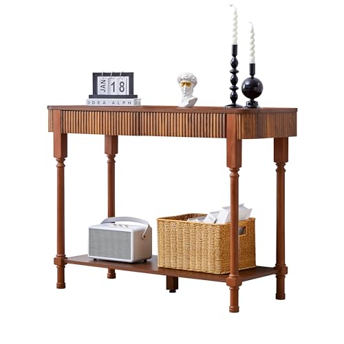 MAHYIZYI Fluted Console Table for Entryway, 43.3'' Narrow Entryway Tables with 2 Wooden Drawers, Retro Sofa Table Behind Couch Accent Tables for Foyer, Living Room, Hallway (Walnut) MAHYIZYI