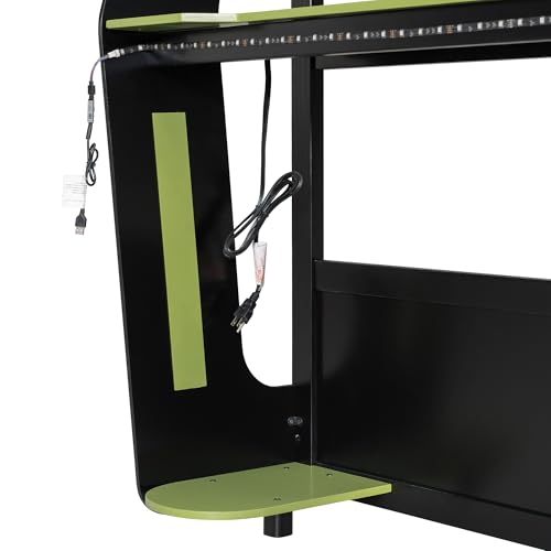 Full Size Bunk Bed with Desk & Charging Station & RGB Light Strip,Wooden Gaming Bunk Bed Frame with Storage Shelves,Safety Guardrails & Ladder for Bedroom,Under-Bed Space,No Box Spring Needed,Green FUvellamo