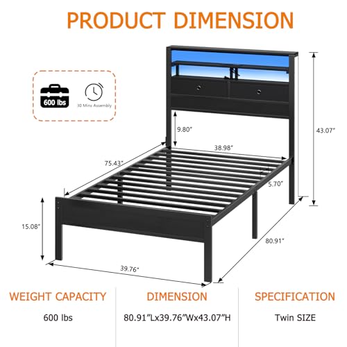 Furnulem Twin Bed Frames with Charging Station and LED Lights, Wood Headboard with 2 Fabric Drawers and Storage Shelves, Twin Size Platform Bed with Metal Slats, No Box Spring Needed, Black Oak Furnulem