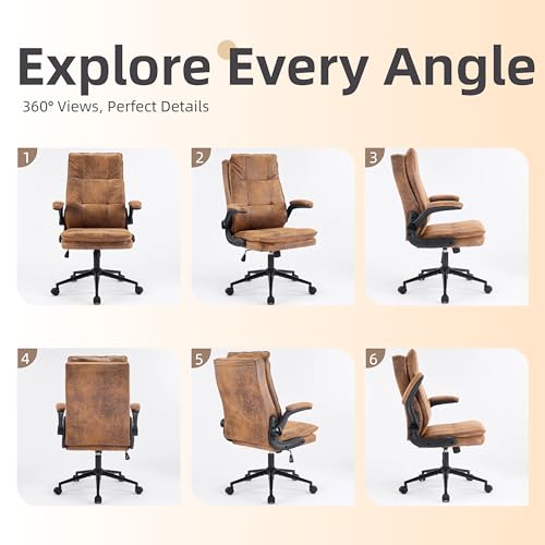 VINGLI Comfy Brown Leather Office Desk Chair,Ergonomic High-Back Computer Gaming Chair with Replaceable Wheels,Dual-Base,Adjustable Height&Armrests,360 Swivel Task Chair for Home Office,Vintage,Rustic VINGLI