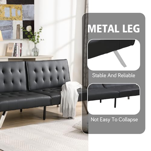 Anwick Sofa Bed, Modern Convertible Folding Futon Couch, Adjustable Sleeper Sofa Bed, Upholstered in Faux Leather for Living Room, Apartment, or Office (Black Leather) Anwick