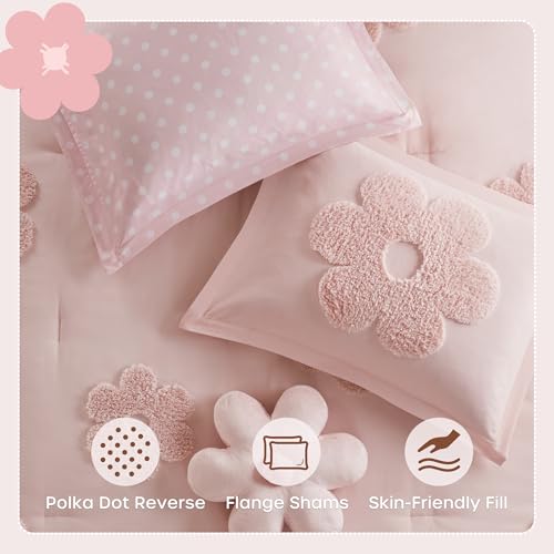Intelligent Design Kids Queen Comforter Set for Girls, Tufted Chenille Floral Comforter Set Queen, Lightweight Polka Dot Comforter Reversible Bed Set, Sham, Pillow, Gracie, Full/Queen Pink 4 Piece Intelligent Design