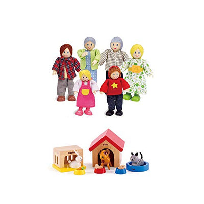 Hape Award Winning Wooden Dollhouse with Pet Set, Unique Accessories for Imaginative Play, 6 Family Figures - Adults 4.3" and Kids 3.5"
