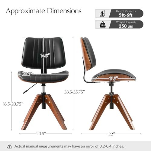 HULALA HOME Faux Leather Home Office Chair with Solid Wood Legs, 360° Swivel Desk Chair No Wheels with Bentwood Design, Mid-Century Modern Wide Seat Computer Task Chair, Black HULALA HOME