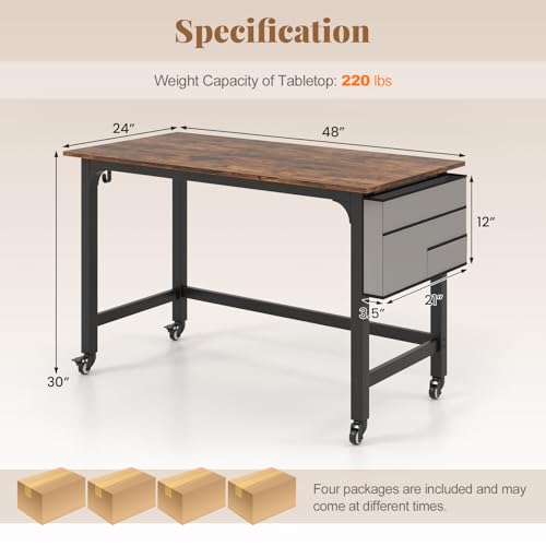 Giantex 8FT Conference Table, 4 PCS 48" Rectangular Mobile Meeting Room Desk with Removable Storage Bag & 2 Hanging Hooks, Rolling Modern Seminar Table for Office Conference Room, Rustic Brown Giantex