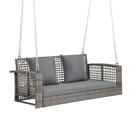 VINGLI 4 FT Rattan Porch Swing Outdoor Support 800 LBS with Cushions & Adjustable Chains, Patio Wicker Swing Bench Chair for Garden, Yard, Lawn, Tree, Grey VINGLI