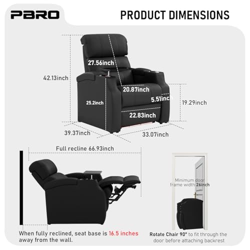 PBRO Home Theater Seating Top Grain Leather, Zero Gravity Recliner Chair Movie Theater Chairs Electric Sofa with Power Reclining USB Charge Ambient Lighting Black Single Seats for Living Room