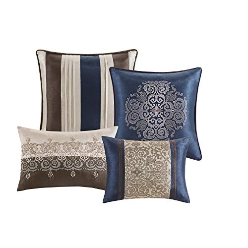 Madison Park Essentials Delaney 24-Piece Room In A Bag Comforter Set-Satin Jacquard All Season Luxury Bedding, Sheets, decorative pillows and Curtains, Valance, Cal King(104"x92"), Medallion Navy Madison Park