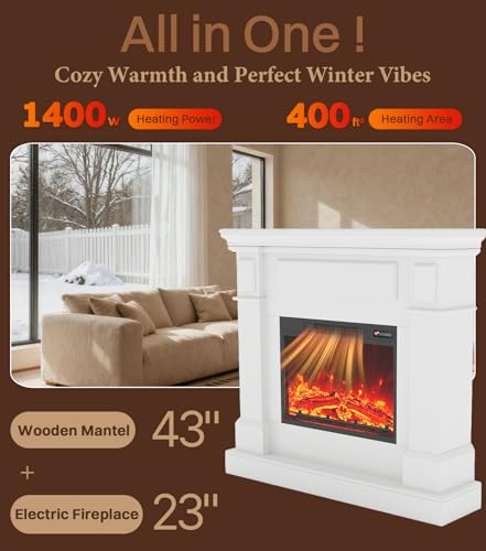 43" Electric Fireplace with Mantel, TV Stand&Freestanding Fireplace, 23 inch Electric Fireplace Heater with 4 Flame Levels, Remote Control, One Package&Easy to Set, for Living Room/Bedroom MEIGESI