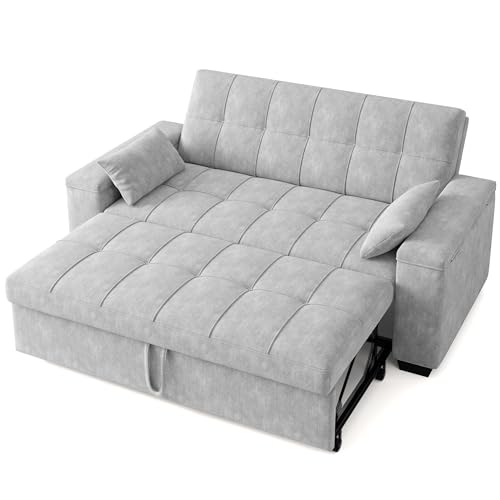 Gizoon Convertible Sofa Bed Futon, 70.9'' Sleeper Loveseat with Pull Out Couch, 3 in 1 Plush Fleece Fabric Futon Couch with Side Pockets, Storage Armrest & Adjustable Backrest for Living Room, Grey Gizoon