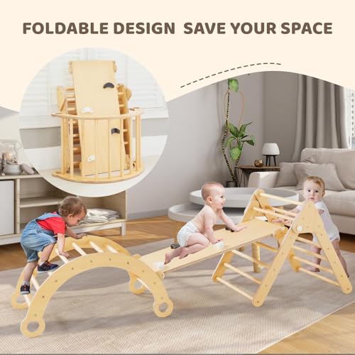Asweets Pikler Triangle Set, 5 in 1 Foldable Montessori Climbing Set with Ramp, Baby Climbing Toys for Indoor Playground, Jungle Gym for Kids with Arch Climber, Rocker, Suitable for Toddlers Asweets