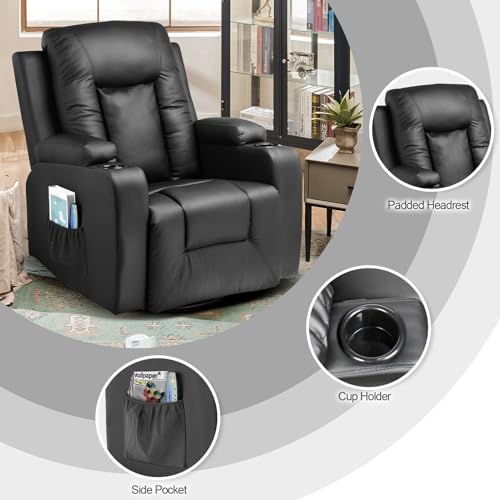 COMHOMA Recliner Chair, PU Rocking Chair for Adults, Swivel Recliner with Cup Holders, Heat and Massage, Single Sofa Seat with Side Pockets for Living Room, Bedroom (Black) COMHOMA