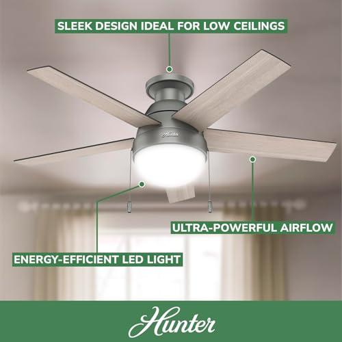 Hunter 59270 Anslee Indoor Low Profile Ceiling Fan with LED Light and Pull Chain Control, 46", Matte Silver Finish Hunter