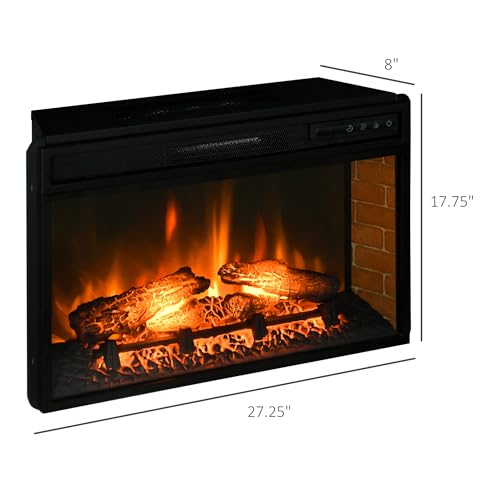 HOMCOM 27" Electric Fireplace Insert, Retro Recessed Fireplace Heater with Realistic Log Flame, Remote Control, and Adjustable Brightness, 1400W, Black HOMCOM