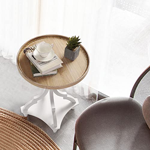 Wnutrees Farmhouse Round Accent End Table, Rustic Side Table Nightstands for Living Room Bedroom, Wood Tray Top, Handcrafted Finish, Set of 2, White Wnutrees