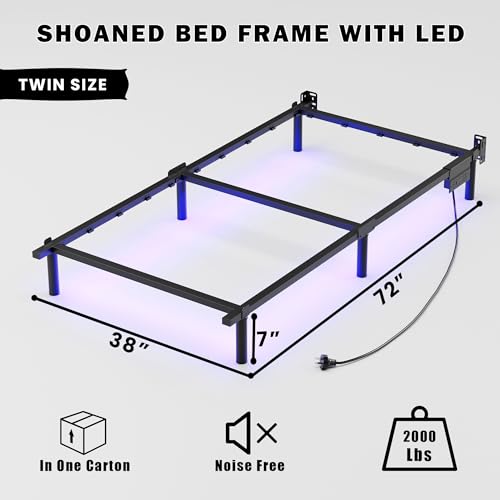 SHOANED Twin Size Bed Frame with LED, 7 Inch Metal Steel Bedframe for Box Spring and Mattress, Heavy Duty Basics Bed Base with Charging Station, Noise Free, Easy Assembly, Black SHOANED