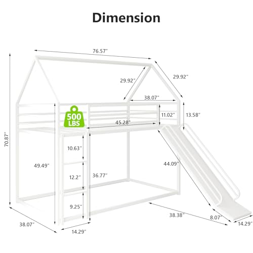 YIORTWO House Bunk Bed Twin-Over-Twin Low Metal Frame with Roof Fun Convertible Slide & Full Safety Guardrails Durable Toddler Bunk Bed with Montessori Floor Design,White YIORTWO