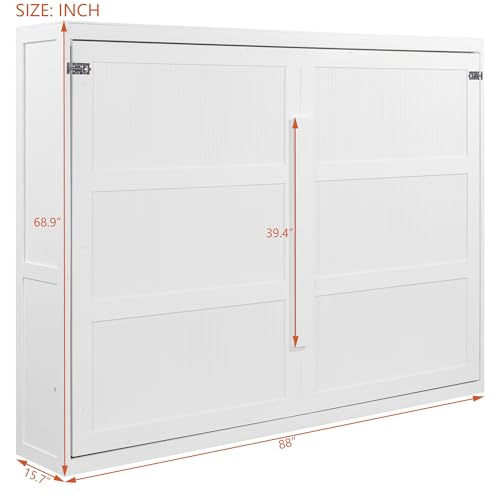 Polibi Queen Size Murphy Bed Wall Bed Cabinet with LED Lights, Space Saving Folding Bed for Home Office and Guest Room, Easy Pull-Down Mechanism, White Polibi