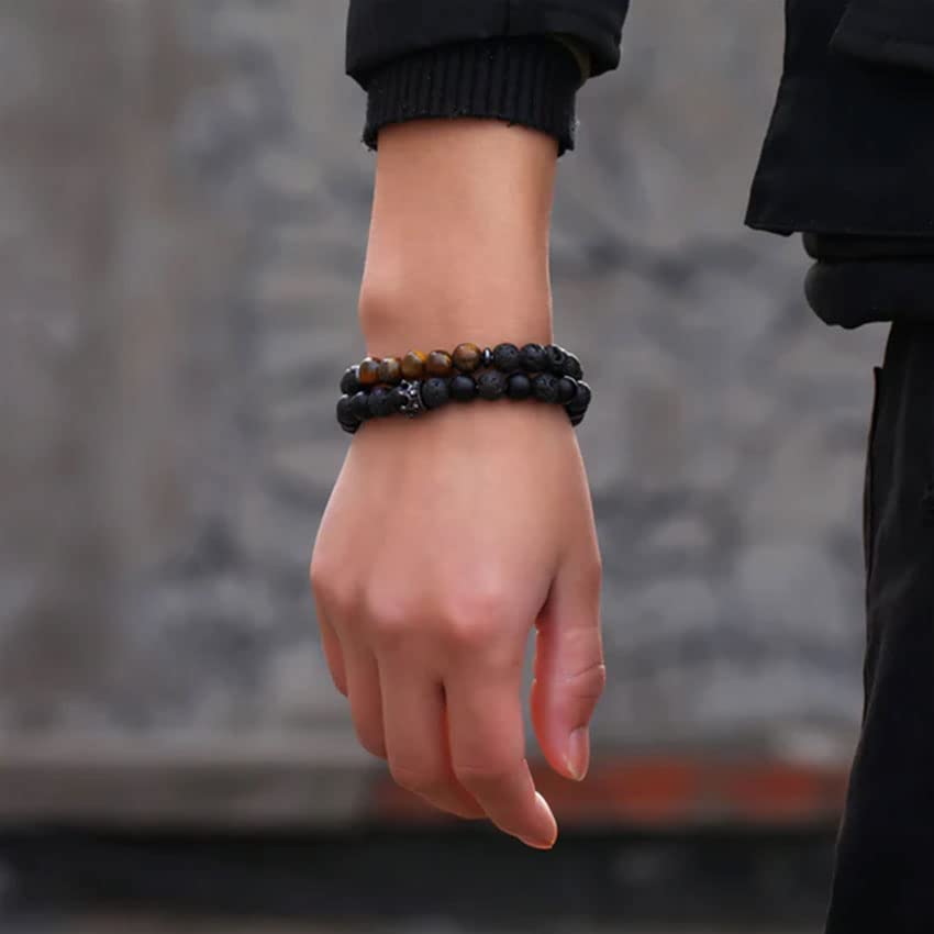 RANKEEF Tiger Eye Bracelet For Men 8MM Natural Stone Beads Bracelet Set Stretch Lava Rock Bracelets Adjustable Black Crystal Beaded Bracelet for Men Women Gifts RANKEEF