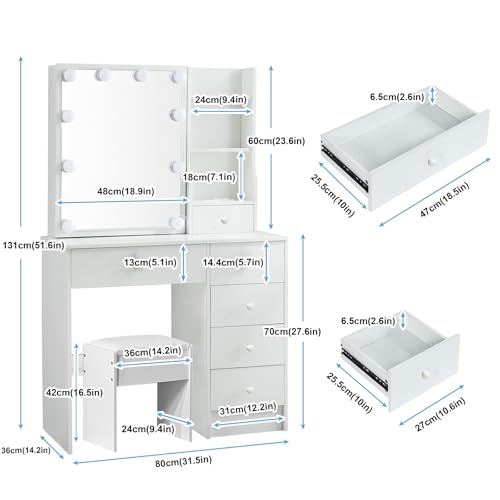 Teousev Small Vanity Desk with Mirror and Lights,White Vanity with 6 Drawers 6 Shelves 1 Chair,3 Lighting Colors Adjustable,31.5" L*14.2" W*51.2" H Teousev