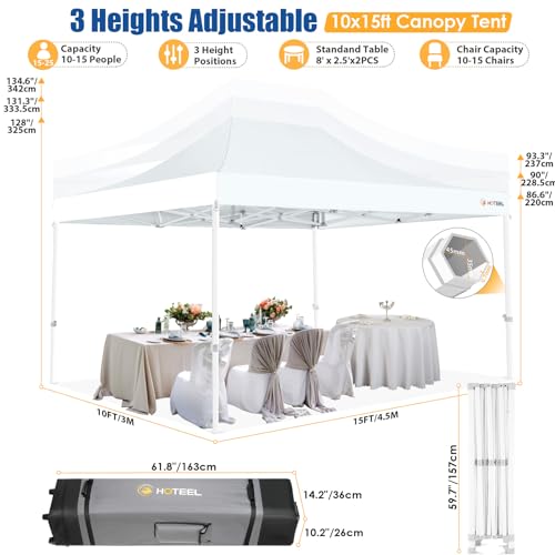 HOTEEL 10x15 Pop up Canopy Tent for Parties, Heavy Duty Easy Setup Tent with 4 Sidewalls, Outdoor Commercial Instant Gazebo for Wedding Event, with Roller Bag & Sand Bags, White(Hexagonal Frame) Hoteel