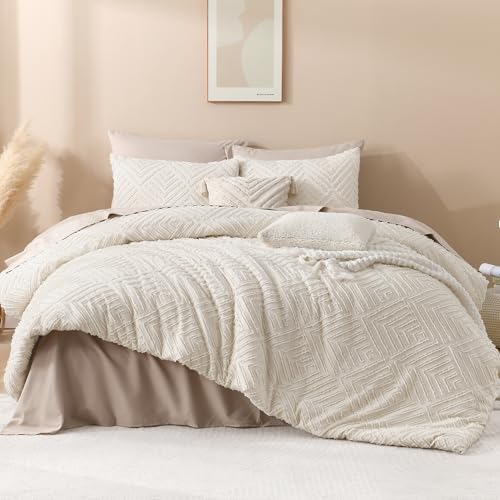 Andency King Size Comforter Set Beige, 3 Pieces Boho King Bedding Comforter Set Cream, All Season Soft Lightweight Tufted Textured Down Alternative Comforter Fluffy Bed Set Andency