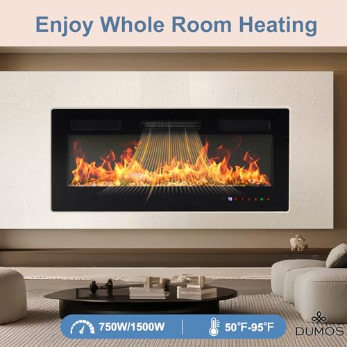 DUMOS 42" Freestanding Electric Fireplace, 1500W/750W Wall Mounted or Recessed Insert Fireplaces Heater with Remote Control,13 Adjustable Flame Color, 12H Timer, Touch Screen, Inky DUMOS