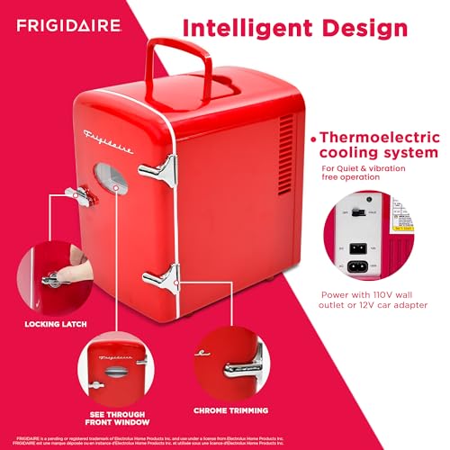 Frigidaire EFMIS129-RED_CP4 Mini Personal Fridge Cooler, 1 Gal Capacity fits Six Cans, Includes Plugs for Home Outlet & DC Charger-9.84" D x 7.09" W x 10.35" H, standard Frigidaire