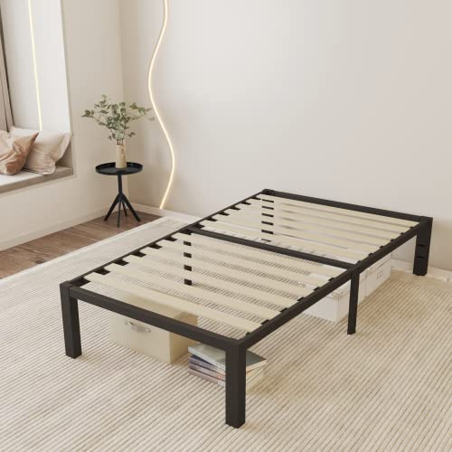 ROIL 18 inch Twin Size Bed Frames with Wide Wood Slats - 3500lbs Heavy Duty No Box Spring Needed Platform, Mattress Stoppers Single Metal Noise Free, Headboard Hole Underneath Storage ROIL