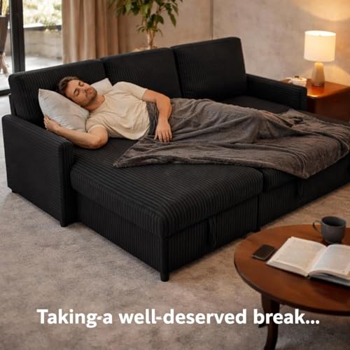 JAMFLY Pull Out Sleeper Sofa Bed with Storage Chaise, L-Shaped Corduroy Sectional Couch, 3-Seater Convertible Sofa with Hidden Storage for Small Living Room, Apartment, Office, Black JAMFLY