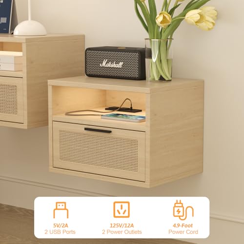 iyrany Floating Nightstand Set of 2 with Charging Station, USB Ports & Outlets, Wall Mounted Nightstands with Drawer and LED Light Strip, Small Oak Rattan Bedside Shelves iyrany