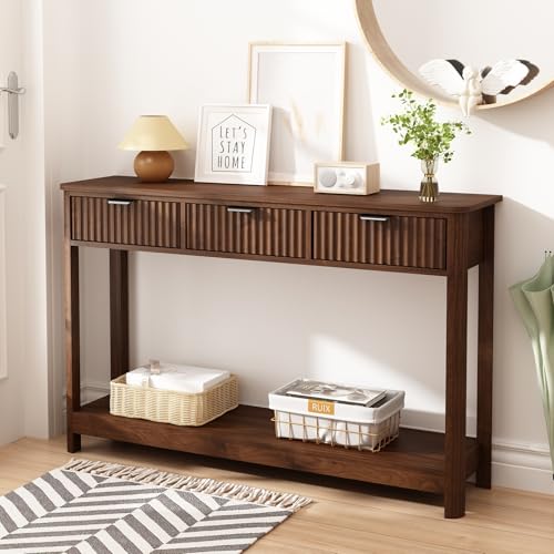 HOKYHOKY Fluted Console Table with Drawers, Modern 47.1" Entryway Table with Storage Shelf, Boho Narrow Skinny Behind Couch Wood Sofa Table for Living Room Hallway Entrance Foyer,Walnut HOKYHOKY