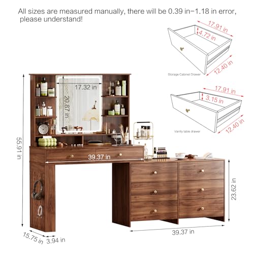 YYJ Makeup Vanity Desk with Large Mirror and Lights&Charging Station,3 Lighting Modes,Desk Vanity with 8 Storage Drawers and 8 Shelves,Makeup Table for Bedroom,Dressing Table with Nightstand,Walnut YYJ