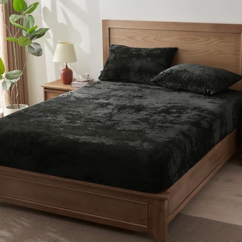 BEDELITE Velvet Fitted Sheet and Pillowcases Set, Luxury Soft Fuzzy Bottom Sheet with Reinforced Elastic Corner Straps, Deep Pocket up to 15 Inch, 1 Fitted Sheet and 2 Pillowcases (Queen, Black) BEDELITE