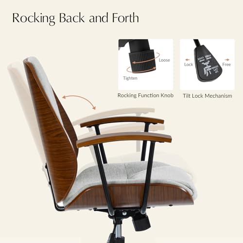 HULALA HOME Solid Wood Office Chair with Rocking Function, Comfy Fabric Desk Chair with Bent Wood and Metal Base, Height Adjustable Swivel Computer Task Chair, Grey HULALA HOME