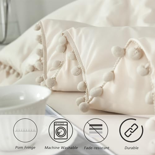 PERFEMET Girls Comforter Set Twin Size Beige Cream 5 Pieces Boho Pom Pom Bed in A Bag with Sheets Ultra Soft Lightweight Fluffy Beige Solid Bedding Set Matching 2 Pillowcases(Beige Cream, Twin) PERFEMET