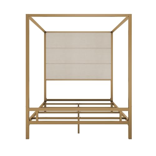 Merax Queen Size Gold Metal Canopy Bed Frame, 76.5" Tall Linen Upholstered Headboard, 4-Poster Bed with 800 lbs Capacity, Box Spring Required for Bedroom, Gold+Tan