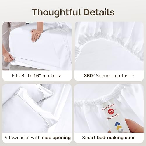 California Design Den Natural 100% Cotton Sheets Queen Size Bed Set - Soft 400 Thread Count Sateen, Queen Sheets, Deep Pockets with All Around Elastic for a Snug Fit, Durable Bedding - White California Design Den