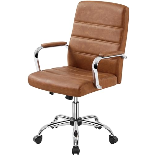 Yaheetech Mid-Back Office Chair with Arms Swivel PU Leather Height Adjustable Office Executive Chair, Retro Brown Yaheetech
