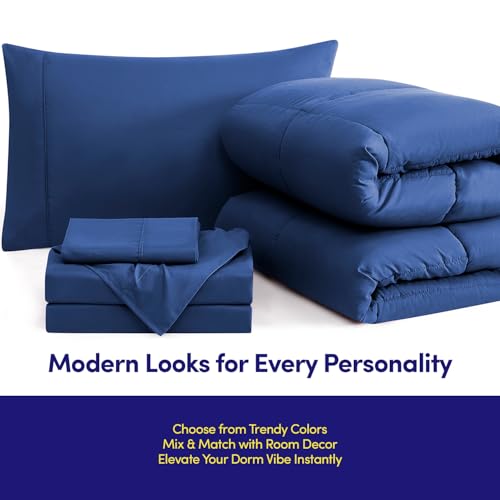 Dorm Room Essentials College Bedding Comforter Set 5 Piece Twin Size Bed in a Bag for College Students Boys and Girls, Twin, Royal Blue Sweet Home Collection